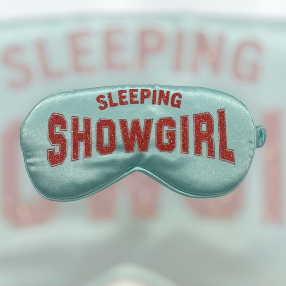 Sleeping SHOWGIRL satin sleep mask with personalized storage pouch; sleepovers